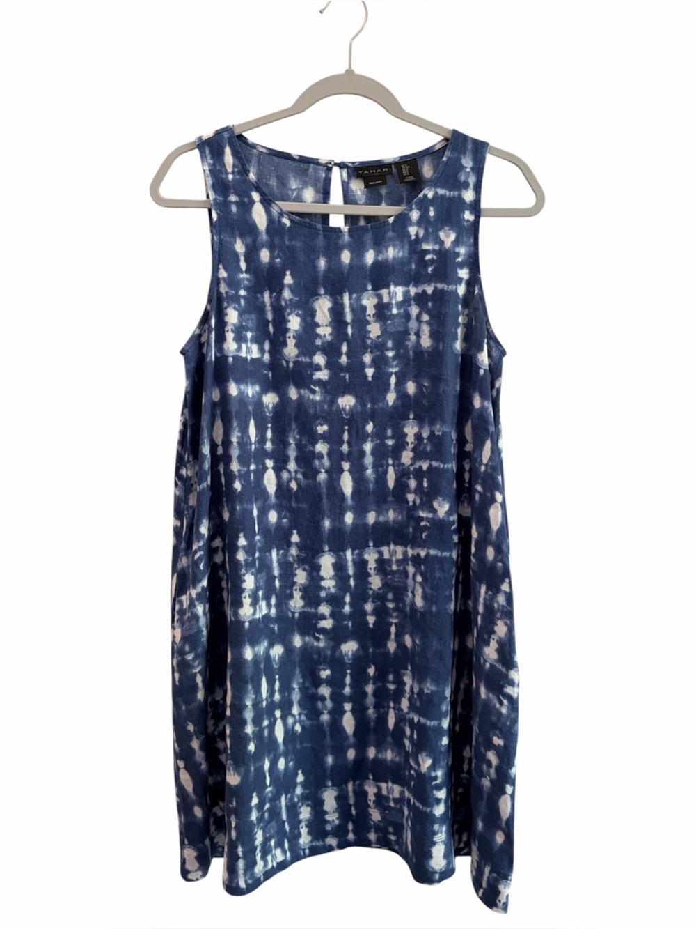 Tahari Coastal Beach Travel Blue Tie-Dye Shift 100% Linen Dress Size Small